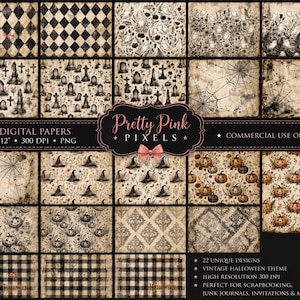 Puede incluir: Una colección de 22 papeles digitales con patrones de Halloween vintage que incluyen diamantes en blanco y negro, búhos, lápidas, telarañas, sombreros de bruja, calabazas, damasco y cuadros escoceses sobre fondos envejecidos con texto.