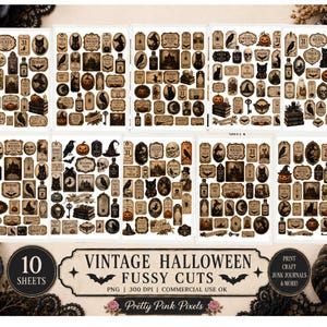 May include: Ten sheets of vintage-style Halloween paper cutouts featuring illustrations of black cats, pumpkins, skulls, witches, ravens, and potion bottles. The text reads VINTAGE HALLOWEEN FUSSY CUTS, PNG, 300 DPI, COMMERCIAL USE OK, and Pretty Pink Pixels.