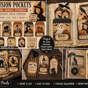 May include: A collection of printable Halloween-themed junk journal ephemera featuring vintage illustrations of ghosts, black cats, pumpkins, and witches. The set includes various tags, pockets, and cards with text like Boo, Trick or Treat, and Spooky Vibes, designed for crafting and scrapbooking projects.