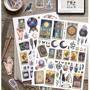 May include: Two sheets of paper featuring printed illustrations of tarot cards, crystal balls, ravens, potions, and mystical symbols. The sheets are surrounded by loose cut-out stickers of similar designs, a pair of scissors, and a ruler on a wooden surface.