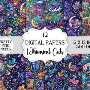 May include: A collection of 12 digital papers with a whimsical cat theme. The designs feature colorful cats, moons, stars, and floral elements in a vibrant, fantasy style. Each paper measures 12 x 12 inches and has a resolution of 300 DPI.