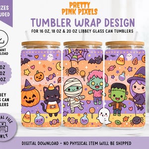 May include: Three glass can tumblers with bamboo lids and straws, featuring a repeating Halloween pattern with cartoon pumpkins, a black cat, a mummy, a zombie, Frankenstein's monster, a witch, ghosts, spiders, candy corn, and stars on orange and purple stripes.