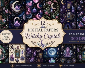 May include: A collection of 12 digital papers featuring witchy crystals, moons, tarot cards, and floral motifs in shades of purple, blue, and black. The text reads 12 DIGITAL PAPERS Witchy Crystals 12 X 12 INCH 300 DPI PRETTY PINK PIXELS.