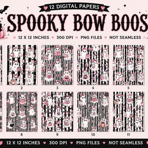 Puede incluir: Una colección de 12 papeles digitales titulados SPOOKY BOW BOOS con fantasmas blancos con lazos rosas sobre fondos de rayas blancas y negras. Cada archivo PNG de 30,48 x 30,48 cm incluye ilustraciones de calabazas, calaveras y corazones rosas.