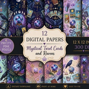 Puede incluir: Una colección de 12 papeles digitales con cartas de tarot místicas, cuervos, bolas de cristal y elementos celestiales en tonos morados, azules y dorados. El conjunto incluye el texto 12 x 12 inch, 300 DPI y Pretty Pink Pixels.