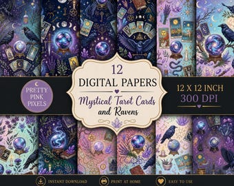 May include: A collection of 12 digital papers featuring mystical tarot cards, ravens, crystal balls, and celestial elements in purple, blue, and gold tones. The set is labelled 12 x 12 inch, 300 DPI, and includes the text Pretty Pink Pixels.