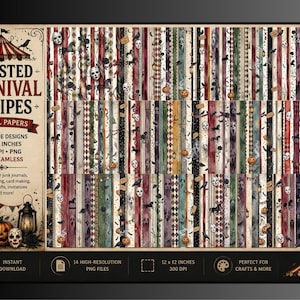 Twisted Carnival Stripes Digital Papers | 14 Halloween Stripe PNG Backgrounds | Vintage Creepy Circus Digital Paper | Gothic Scrapbook Paper