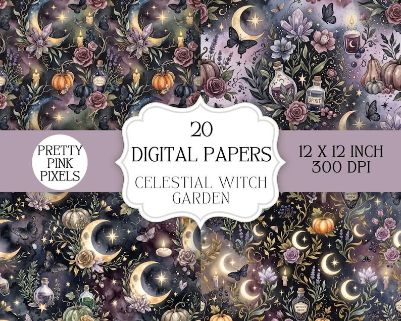 Celestial Witch Garden Digital Paper Pack, Halloween Gothic Watercolor ...