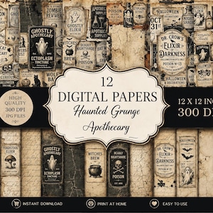 Haunted Grunge Apothecary Digital Papers Bundle | Vintage Halloween Backgrounds | Spooky Ghost Ephemera Papers | Junk Journal Supplies |
