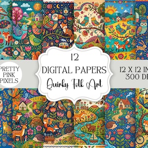 May include: A collection of 12 digital papers with a whimsical folk art theme. Each paper features colorful illustrations of animals, flowers, and landscapes. The papers are 12 x 12 inches and 300 DPI. The text on the image says "Pretty Pink Pixels" and "Quirky Folk Art."