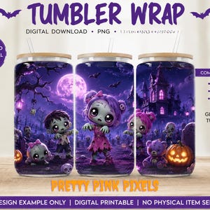May include: A digital tumbler wrap design featuring a spooky Halloween scene with cartoon zombies, a haunted mansion, a full moon, and pumpkins. The text reads TUMBLER WRAP, DIGITAL DOWNLOAD, and COMES IN 3 SIZES 16 OZ, 18 OZ, 20 OZ for Libbey glass can tumblers.
