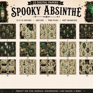 Papiers numériques Absinthe Effrayante | 22 papiers PNG | Papier scrapbooking gothique Halloween 30,5 x 30,5 cm | Style Dark Academia vintage | Téléchargement instantané
