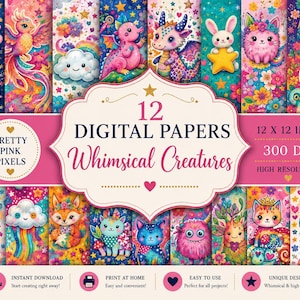 Könnte beinhalten: Eine Sammlung von 12 digitalen Papieren mit bunten Illustrationen von Kreaturen wie Einhörnern, Drachen, Eulen und Füchsen. Der Text lautet 12 DIGITAL PAPERS Whimsical Creatures, 12 X 12 INCH, 300 DPI, HIGH RESOLUTION und PRETTY PINK PIXELS.