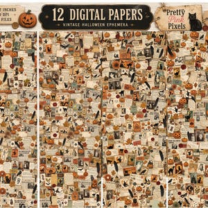 May include: A collection of 12 digital papers featuring vintage Halloween ephemera, including illustrations of jack-o'-lanterns, black cats, autumn leaves, and aged paper textures with printed text, all presented in a collage format.
