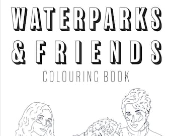 May include: Black and white line drawing of three people. The people are wearing casual clothing. The text "WATERPARKS & FRIENDS COLOURING BOOK" is at the top of the page.