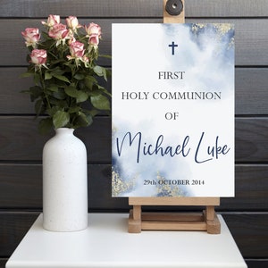 Personalised First Holy Communion Welcome Sign for Boy, PRINT ONLY,  Blue Watercolour Welcome Sign