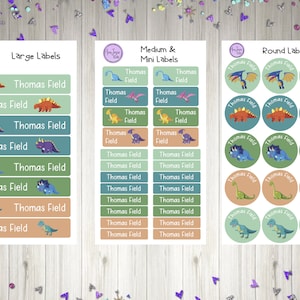 May include: A set of personalised dinosaur-themed labels for children. The set includes large, medium, and small labels with the name "Thomas Field" printed on them. The labels feature different dinosaur illustrations in various colours, including blue, green, orange, and yellow.