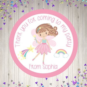 Girls Fairy Birthday Stickers, Round Pink Fairy Sticker, Thank you Stickers, Goodie bag sticker, Bonbonniere Gifts, Personalised Stickers