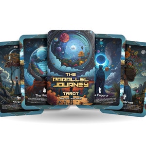 May include: Five tarot cards from The Parallel Journey Tarot deck. The cards are spread out in a fan shape, with the center card showing the title "The Parallel Journey Tarot" and the words "Major Arcana". The other cards show the Strength, The Magician, The Emperor, and The Empress cards.