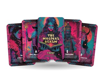 May include: A set of tarot cards with colorful, psychedelic artwork. The cards feature images of the Empress, Emperor, Magician, Strength, and the Magician. The cards are part of a tarot deck called "The Magical Realm Tarot".