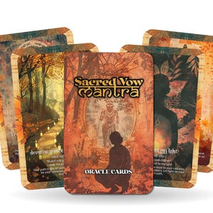 May include: A deck of "Sacred Vow Mantra" oracle cards. The cards have a warm color palette with images of nature and figures. The central card features the title and the words "Oracle Cards". The cards are fanned out, showcasing the artwork.