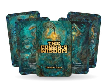 May include: A deck of "The Cobra's Wisdom" oracle cards. The cards feature teal and gold illustrations of snakes, with the title in gold block letters. The cards are fanned out, showing the front and back of the cards.