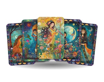 May include: A set of tarot cards featuring colorful illustrations of people and animals. The cards are arranged in a fan shape, with the card in the center showing the text "The Tarot of Saraswati" and a woman playing a flute.