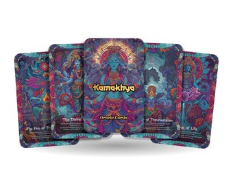May include: A set of six oracle cards with colorful illustrations of deities and intricate patterns. The cards are titled "Kamakhya Oracle Cards" and feature titles like "The Fire of Transformation" and "The Divine Feminine".
