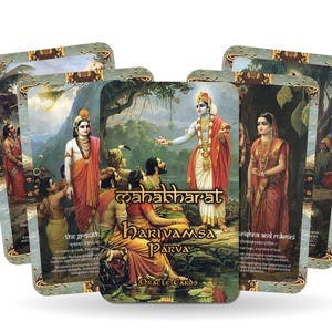Könnte beinhalten: Ein Deck Orakelkarten mit bunten Illustrationen hinduistischer Gottheiten. Die Karten sind mit "Mahabharat Harivamsa Parva Oracle Cards" betitelt.
