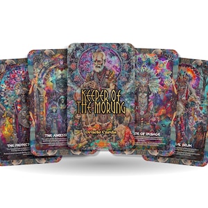 May include: A set of colorful oracle cards with intricate designs and gold lettering. The cards feature the title "Keeper of the Morung" and the words "Oracle Cards".