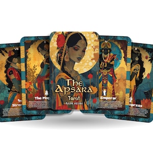 May include: A set of tarot cards with colorful illustrations of people and symbols. The cards are titled "The Apsara Tarot" and feature the Major Arcana.