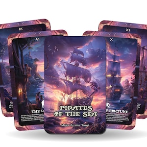 May include: A tarot deck with a purple, pink, and blue color scheme. The cards feature illustrations of ships, islands, and other nautical imagery. The deck is titled "Pirates of the Sea: Major Arcana Tarot".