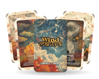 Könnte beinhalten: Ein Kartenspiel "Wind Mantra" Orakelkarten. Die Karten zeigen farbenfrohe Illustrationen von Wolken, Herbstlaub und Noten. Der Text "Wind Mantra" und "Oracle Cards" ist auf der Vorderseite des Decks zu sehen.