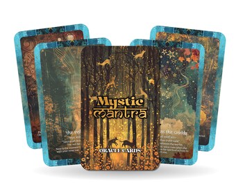 Peut inclure: Un jeu de cartes Oracle Mystic Mantra. Les cartes présentent une scène de forêt avec des cerfs dorés et le texte "Mystic Mantra Oracle Cards". Les cartes ont une bordure turquoise et sont disposées en éventail.