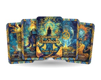 Puede incluir: Un juego de cartas de oráculo con ilustraciones coloridas de deidades y símbolos. Las cartas se titulan "Guhyamantra in Buddhism Oracle Cards".