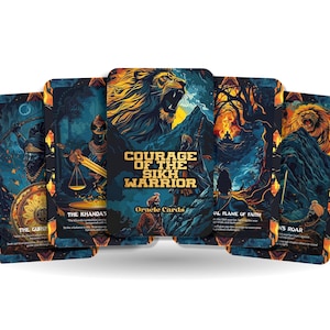 May include: A set of oracle cards titled "Courage of the Sikh Warrior" with colorful illustrations of warriors, animals, and symbols. The cards are arranged in a fan shape with the title card in the center.