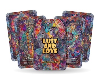 Puede incluir: Un juego de cartas de oráculo con un diseño psicodélico colorido. Las cartas muestran una pareja abrazándose, con el texto "Lust and Love Oracle Cards".