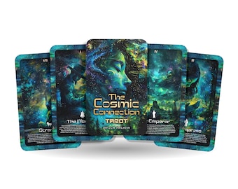May include: Five tarot cards from The Cosmic Connection Tarot deck. The cards are arranged in a fan shape, with the centre card showing the deck's title. The cards feature colourful, abstract designs with a cosmic theme.