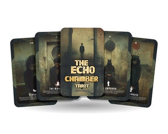 May include: A deck of tarot cards titled "The Echo Chamber Tarot" with dark, gothic-inspired illustrations. The cards feature figures and scenes in muted tones, with the central card displaying the title and a figure.