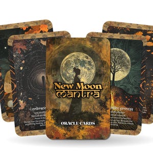 May include: A deck of "New Moon Mantra" oracle cards. The cards feature a full moon, a silhouette of a woman, and various celestial and natural imagery. The cards have a brown and gold color scheme.