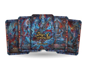May include: A set of five oracle cards featuring colorful illustrations of Hindu deities. The cards are titled "Days of Saraswati Oracle Cards". Each card has a different deity and a title, such as "The Path of Truth" and "The Divine Flow".