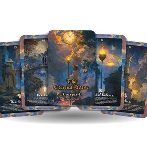 May include: A set of tarot cards with a fantasy theme. The cards feature illustrations of people, landscapes, and symbols. The cards are part of a deck called "The Eternal Flame Tarot".