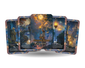 May include: A set of tarot cards with a fantasy theme. The cards feature illustrations of people, landscapes, and symbols. The cards are part of a deck called "The Eternal Flame Tarot".