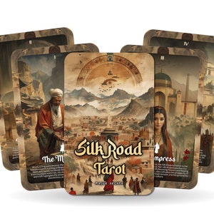 May include: A set of tarot cards with a Silk Road theme. The cards feature illustrations of people, buildings, and landscapes from the Silk Road. The cards are in a brown and gold color scheme. The text on the cards reads "Silk Road Tarot".