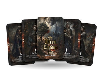 May include: Five tarot cards from The Elven Kingdom Tarot deck. The cards are arranged in a fan shape, with the card titled "The Magician" in the center. The cards are illustrated with dark, fantasy-themed imagery.