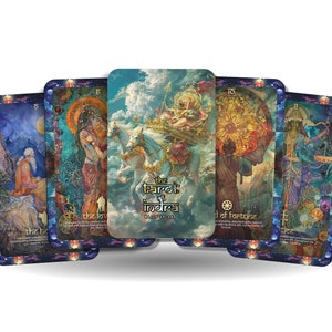 May include: A set of tarot cards featuring colourful illustrations of deities and symbols. The cards are part of the "Tarot of Indra" deck, a deck inspired by Hindu mythology. The cards are arranged in a fan shape, with the "Wheel of Fortune" card in the centre.