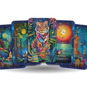 May include: A set of five tarot cards with colorful illustrations. The cards feature a tiger, a moon, a woman with scales, a wheel, and a forest scene. The cards are part of a deck called "The Tarot of West Bengal".