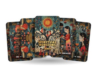 Pode incluir: Um baralho de tarot com ilustrações coloridas de pessoas e natureza. As cartas apresentam um título dourado "Spiritual Horizons Tarot" e o texto "Reforce seu caminho".