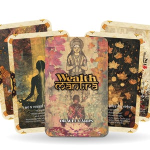 May include: A deck of "Wealth Mantra Oracle Cards" with a central card featuring an illustration of a deity and the title. The cards have a vintage aesthetic with floral and spiritual imagery. The deck includes cards with text in multiple languages.