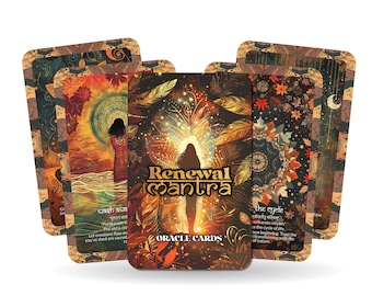 May include: A deck of "Renewal Mantra" oracle cards. The cards feature colorful illustrations with a woman silhouette, feathers, and floral designs. The central card displays the title and the words "Oracle Cards". The color palette includes warm tones of orange, brown, and gold.